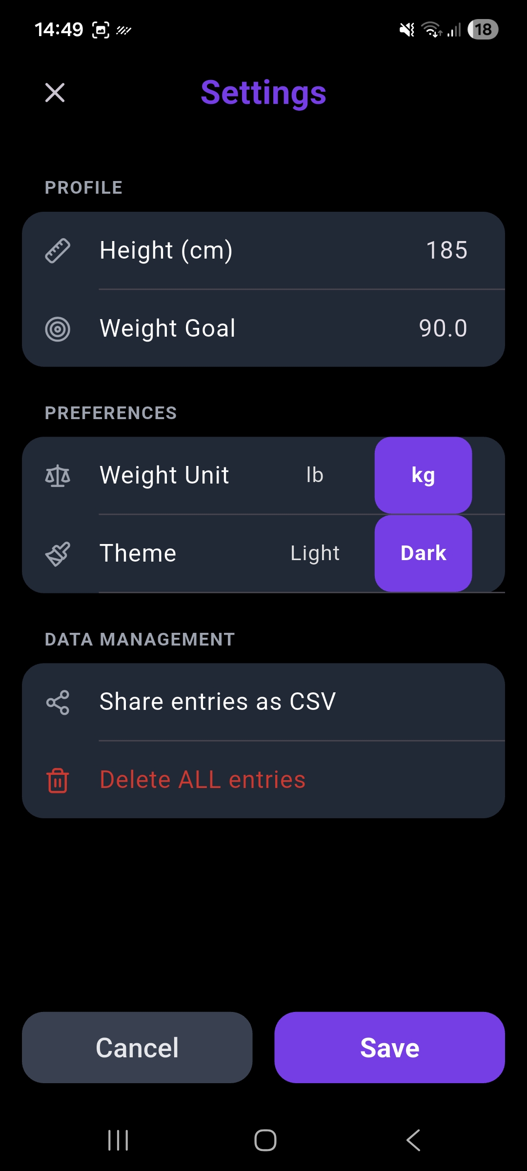 Weight Tracker — ustawienia eksportu i prywatności danych